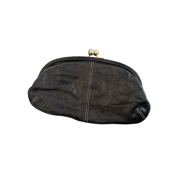 CHARLES DAVID Black Leather Gold Kisslock Clutch Bag - Picture 3 of 5